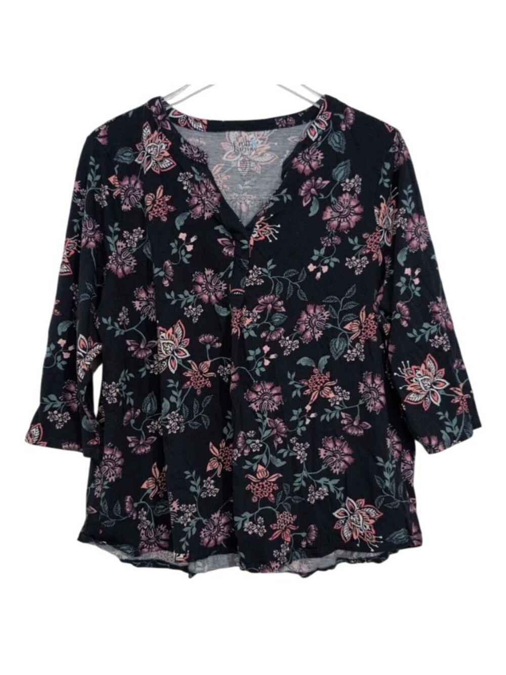 Croft & Barrow Floral Shirt Womens Size XXL Blue 3/4 Sleeve V Neck Pullover